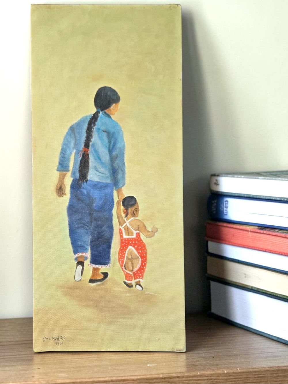 Original Signed Painting Mother and Child Chinese Asian Nursery Children's Room